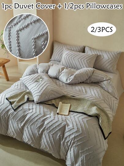 2/3 件浅灰色条纹图案簇绒纹理涤纶羽绒被套套装，波西米亚风格破旧别致床上用品套装，适合所有季节使用，现代波西米亚风格，柔软透气，耐用，可机洗（1 个羽绒被套+1/2 个枕套，无填充物）