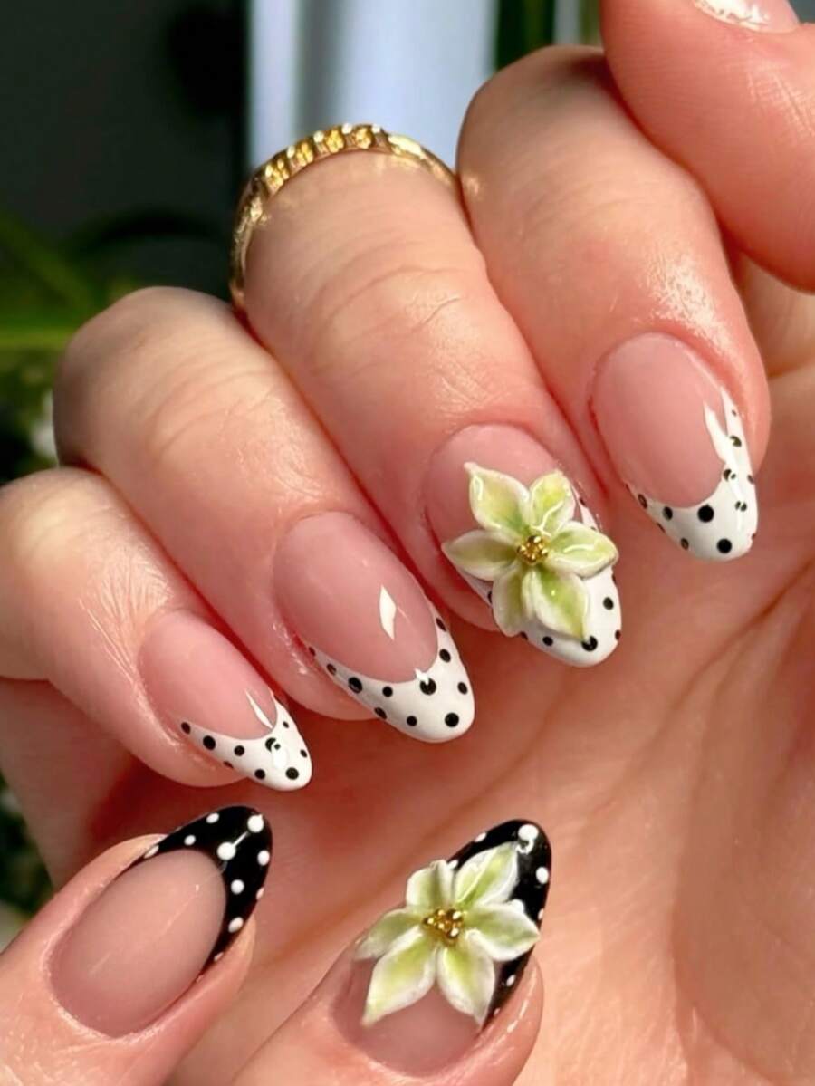 10 件纯手工简约复古风格黑白波尔卡圆点、绿色野百合雕刻、法式人造指甲，高端、简约耐用的经典款式，适合女孩或女士在节日或特殊场合佩戴。 - 綠色 - 查看 1