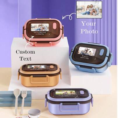 Customized Photo Lunch Box (With Fork & Spoon), Suitable For Adults Or Children, Boys And Girls, 3 Compartments, Lunch Box With Utensils, Sauce Cup, Pancake Mat, Microwave & Dishwasher , Back To School Lunch Box To Avoid Confusion