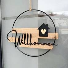 1pc Handmade "Willkommen" (Or "Welcome") Letter Iron & Wood Wall Hanging Sign, Combination Of Iron And Wood Materials, Suitable For Decoration At Entrance, Hallway, Living Room, Bedroom Doors, Hotels, Restaurants, Cafes, Ideal For Mother's Day, Back To School, Thanksgiving, Christmas Gifts - Multicolor - View 2