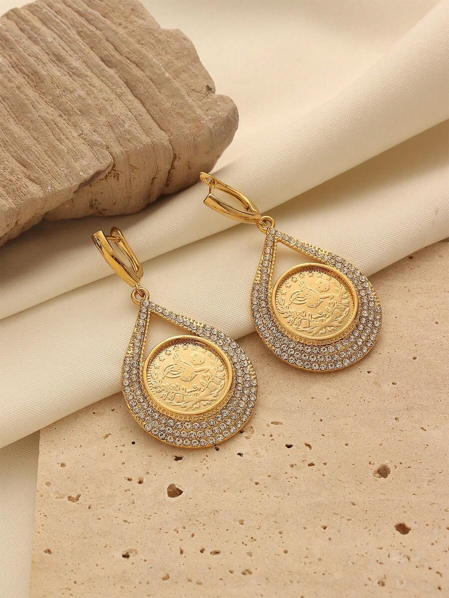 1 Cặp bông tai mặt dây chuyền hình đồng xu mạ vàng pha lê hợp kim đồng thanh lịch, thích hợp làm trang phục hàng ngày và quà tặng ngày lễ cho phụ nữ - Vàng - Xem 1