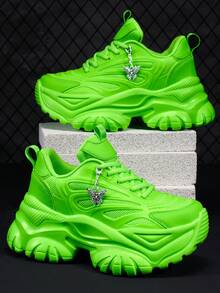 荧光绿女士休闲运动鞋，加大码四季户外轻便EVA 7厘米厚底厚底运动鞋，银色蝴蝶吊坠Y2K滑板鞋 - 螢光綠 - 查看 11