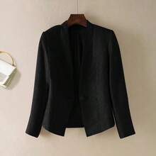 Áo blazer nữ một nút cài, áo khoác công sở tay dài dáng rộng thoải mái, áo blazer cổ ve màu trơn thanh lịch, trang phục công sở đa năng cho nữ màu đen mùa xuân - màu đen - Xem 2