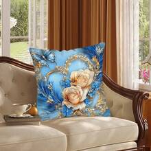 TOPSSCTR 4 Stücke, 2D Flach Digital Bedruckte Elegante Blumen & Schmetterling Dekorative Kissenbezüge - Einseitig Blau & Golden Blumen Bedrucktes Design, Weicher Polyesterstoff, 45x45 cm Quadratisch mit Reißverschluss, Maschinenwaschbar für Sofa, Schlafzimmer, Wohnzimmer Dekoration, Schlafzimmer Accessoires, Leuchtende Kissenbezüge