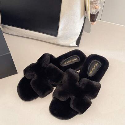 1 Pair Women's Black Fluffy Soft House Slippers, Plush Warm Comfortable Open Toe Fuzzy Indoor/Outdoor Slip-On Shoes, Lightweight Cozy Bedroom Floor Slippers