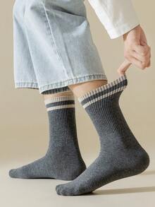 1/6 Pairs Men's Solid Striped Fleece Lined Comfortable Soft Casual Business Sports Mid-Calf Socks, Suitable For Daily Wear