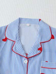 2pcs Women Striped & Heart Print Pajama Set, Long Sleeve Button Collar Top And Pants, Casual Sleepwear Homewear Suit For Autumn/Winter, Fall Clothes - Blue and White - View 3