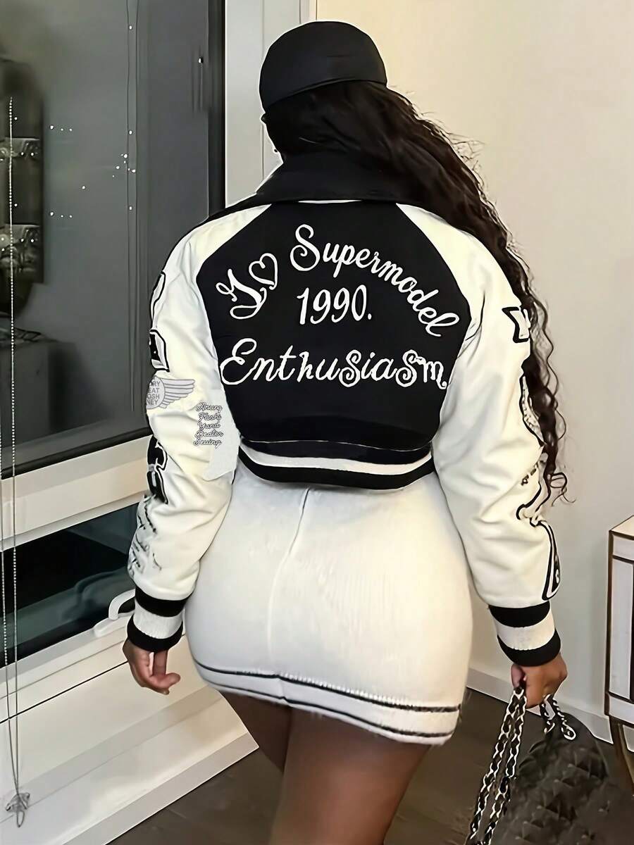 Womens Casual Sexy Crop Bomber Jacket Long Sleeve Button Front Knitted Fabric College Style Outwear With Pocket - 黑色 - 查看 1