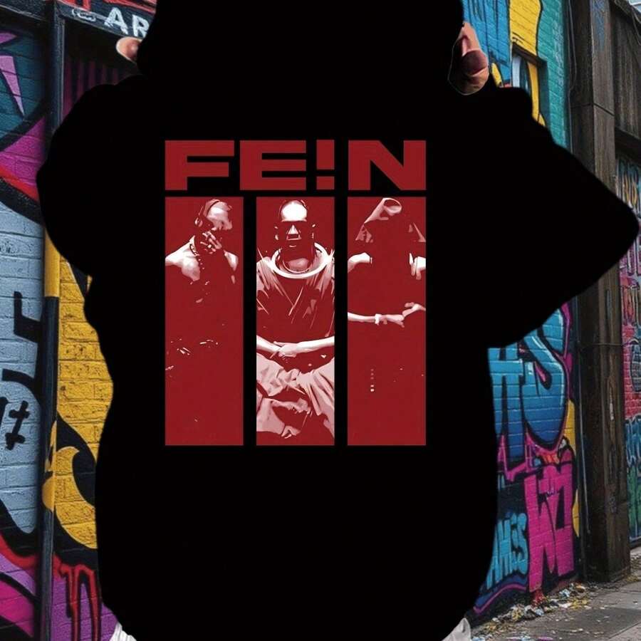 Slogan Graphic Sweatshirt, FEIN, Fein Creative Printed Men's Fashion Hooded Sweatshirt, Casual  Men's Top, A Good Choice For Autumn And Winter - Black - View 1