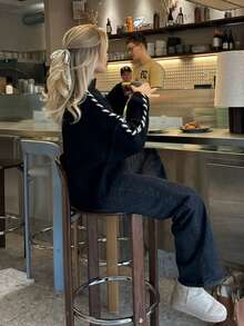 Women's Loose Handmade Color Block Drawstring Knit Sweater, Minimalist & Fashionable, Elegant Women's Apparel, Suitable For Everyday Wear, Autumn/Winter - Black - View 5