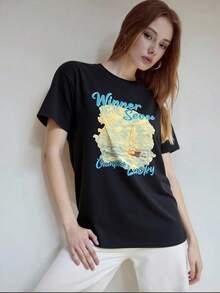 T-shirt Camisa Feminina Manga Curta Estampada Verão Primavera Letra Floral Coração Casa Férias