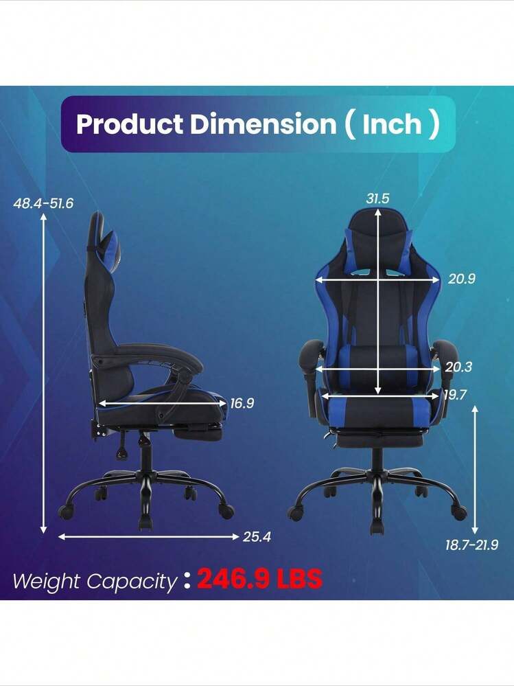 Ergonomic Racing Style Gaming Chair | Computer Desk Chair With Adjustable Lumbar Support | Breathable, Reclinable Design For Long Gaming/Work Hours - Blue - View 7