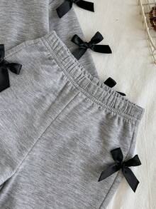 Set de 2 piezas de sudadera de manga larga casual y pantalón de pierna ancha con decoración de lazo 3D para niñas bebés, estilo callejero retro