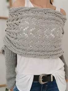 新款秋冬长款针织披肩围巾，镂空超长双袖披肩开衫，可搭配连衣裙 - 鏤空長披肩 - 查看 2