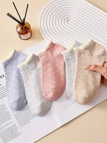 5 pares de calcetines de tobillo con volantes y lunares de colores para mujer, calcetines invisibles, transpirables y cómodos, adecuados para primavera/verano, colores surtidos