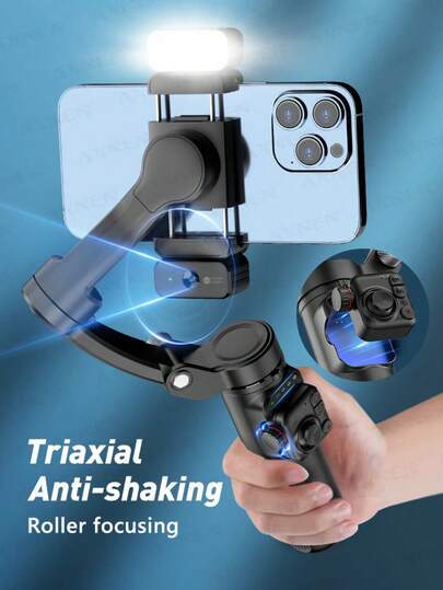 AXNEN 三轴折叠式手持云台稳定器，具备智能防抖、人脸追踪和LED补光灯功能 - 专业智能手机Vlog套装，可折叠设计，配备磁吸遥控器和延长杆，超长续航，适用于延时摄影/HDR/Vlog/直播/自拍/户外拍摄