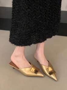 Fall/Winter 2025 Summer New Metal Buckle Pointed Toe Thin Heel Mid-Heel Mule Sandals For Women, Closed Toe Slip-On, Elegant, Party - Gold - View 4