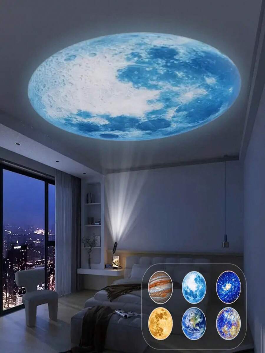 Juego de 7 piezas de proyector de planeta y luna USB que incluye 6 imágenes intercambiables de planetas, luz de proyección de cielo estrellado, luz de decoración de techo ajustable 360 grados LED, perfecta para fiestas, decoración del hogar y decoraciones navideñas - luz de color - Ver 1
