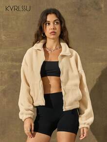 KyrLssu Women's New Autumn/Winter Fleece-Look Cropped Stand-Collar Coat: Stylish, Loose-Fit, Warm Zip-Up Cardigan With A Designed Feel,British Style,Commute Wear,Office Attire,Urban Trendsetter,Casual Top