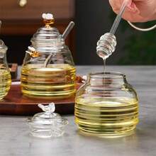1pc Japanese-Style Glass Honey Storage Jars With A Glass Stirring Rod And A Cute Bee Decoration. Can Be Used To Store Coffee Beans, Honey, Candies, And Spices. A Unique Birthday Gift, Mother's Day Gift, Or Christmas Gift.