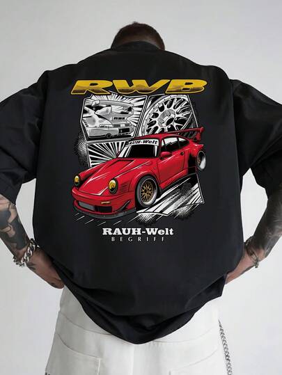 Camiseta de Impresión de Coche Deportivo Rojo RWB, Impresión en la Espalda, Moderna y a la Moda, Verano, Versátil, Camiseta de Manga Corta con Cuello Redondo, Top Casual para el Día a Día, Ropa de Hombre.