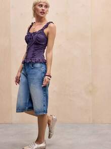 Women Lace Trim Tank Tops Y2k Tie Front Semi Sheer Crop Vest Cute Sleeveless Slim Fit Babydoll Cami Shirt - 紫色 - 查看 2