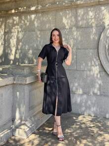 Rivera. Plain Short Sleeve Midi Dress WOMEN'S FASHION Summer - màu đen - Xem 9