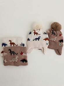 2 件恐龙冬季儿童针织帽，男孩女孩保暖内衬无檐小便帽围巾套装，厚针织绒球帽和颈部保暖围巾套装