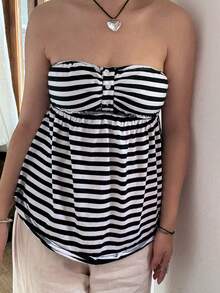 Women Y2k Tube Top Button Sleeveless Backless Strapless Bandeau Cute Aesthetic Summer Going Out Club Party Tank Tops - 黑與白 - 查看 2
