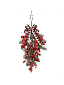 1件装圣诞装饰花环30厘米仿真蝴蝶结松果花环圣诞装饰门挂 - 綠色 - 查看 8