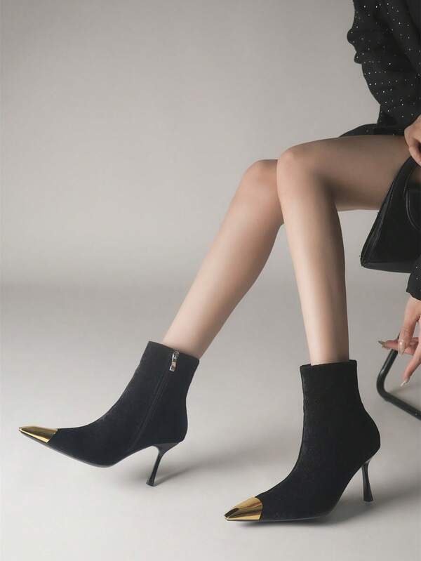 2025 Autumn/Winter Fashion Metallic Square Toe Sequin Fabric Women's Ankle Boots, Elegant Slim High Heel Chelsea Short Boots, Office Shoes