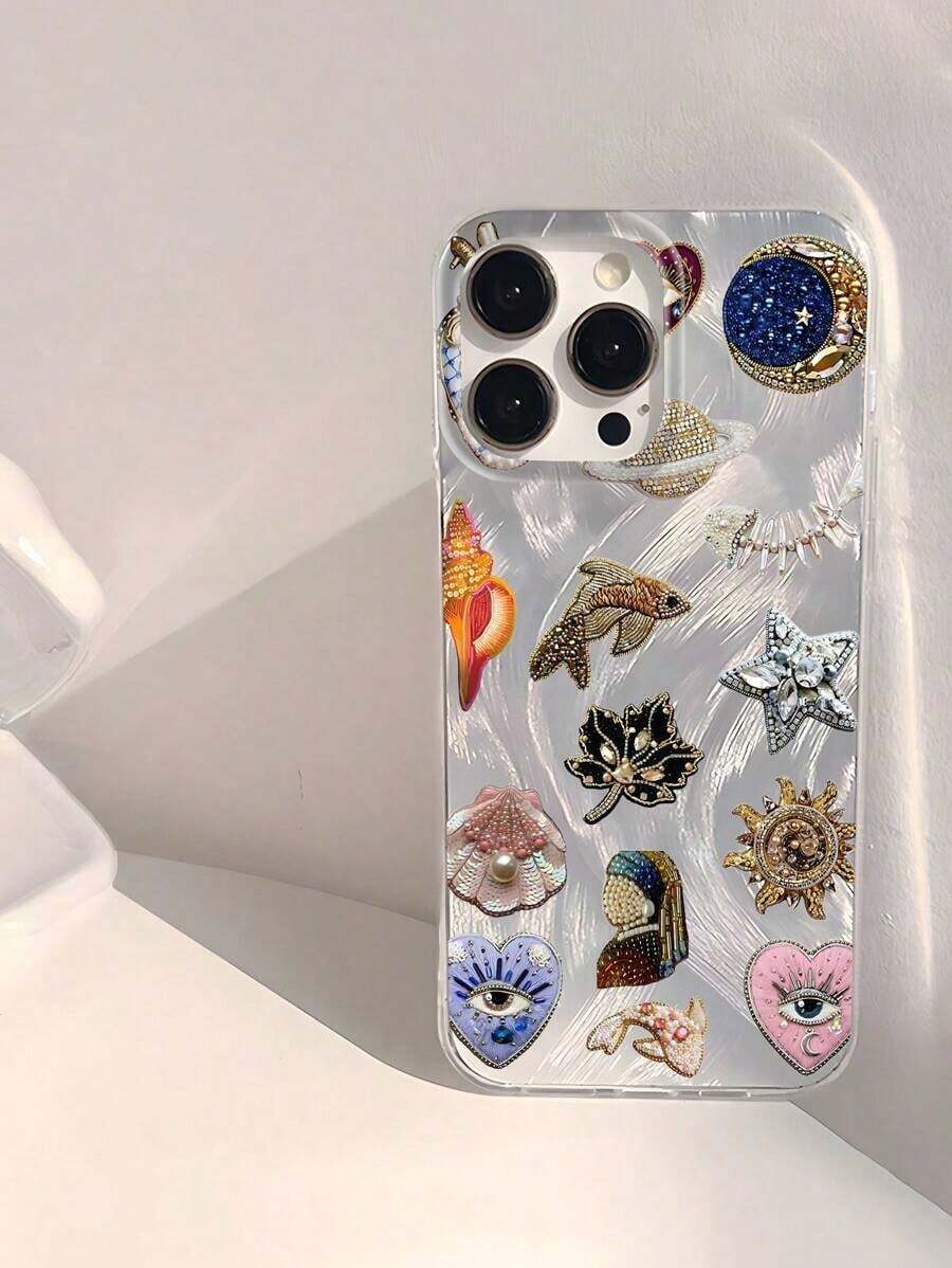 1 pieza Funda de teléfono transparente suave, brillante y lisa, con diseño de elementos de estrella de mar, sol, luna, hoja de arce, pez, corazón, impermeable, resistente a huellas dactilares y arañazos con tecnología IMD - Plateado - Ver 1