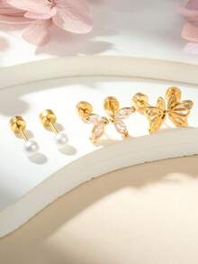 一次性耳洞枪套装，耳洞穿刺套装，自穿耳洞套装，金银耳环，防过敏不锈钢穿孔工具，家用 20G 人造珍珠耳钉和 2mm 3mm 4mm CZ 平背耳钉 - 彩色 - 查看 5