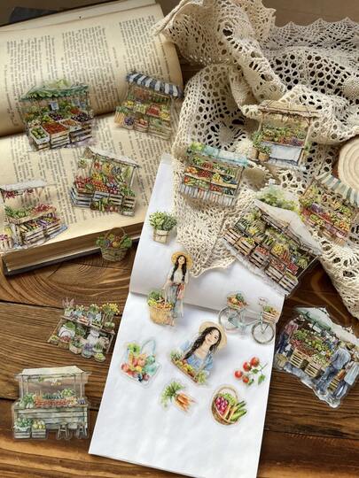 20pcs/Pack Cute Cartoon Girl, Flower, Vegetable, Food, Fruit Market Sticker Set, Vintage Adorable Stickers For Scrapbooking, Diary, Planner, Decor, Waterproof PET, Party Favors