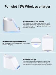 15W Wireless Charger With Pen Holder & Phone Stand, Desktop Wireless Charger - White - View 9