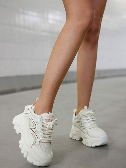 DareSee Women's Solid Color Thick Sole Sneakers With Front Tie Closure, Outdoor Tennis Shoes With Mesh Detailing, Khaki Winter Gifts