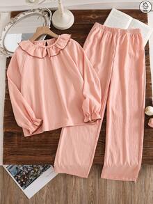 Comfortable And Cute 2 Pieces Loungewear Set Designed For Young Girls, Featuring Round Neck With Ruffle Collar And Bow Decor, Paired With Long Sleeve Top And Long Pants. Ideal For Spring, Autumn, And Winter Home Leisure Wear. - Pink - View 3