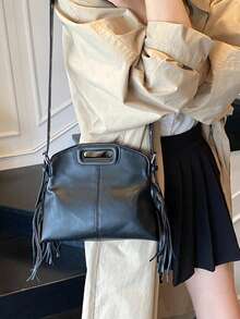 新款时尚女士单肩包，纯色简约流苏设计，优质PU皮革，优雅单肩/手提包，适合约会、购物，百搭精致 - 黑色 - 查看 6