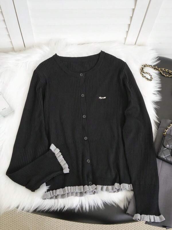 Korean Design Sense Cardigan, Ruffled Hem Knit Sweater For Women, New Autumn/Winter French Chic Slim Fit Black Round Neck Long Sleeve Top