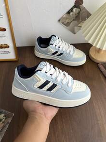 1 Pair Women's Non-Slip, Durable, Lightweight, Fashionable Casual White Sneakers, Outdoor Lace-Up Patchwork Flat Shoes For Indoor & Outdoor Wear