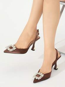 Zapatos de tacón alto con punta cerrada y decoración de rhinestones de unicolor, elegantes y cómodos, adecuados para fiestas, banquetes, citas, reuniones, vestidos formales, para primavera/verano/otoño/invierno. Tacones altos de oficina de satén color café oscuro, elegantes - Café integral - Ver 3