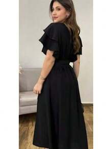 Duna Women's Long Midi Dress In Linen With Ruffle Sleeves And Belt - Black - View 2