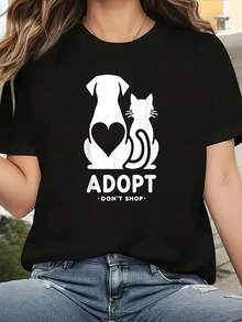 Camiseta Casual De Manga Corta Para Mujer - Estampado De Concienciación Sobre La Adopción Animal, Mezcla Elástica De Poliéster-Spandex, Cuello Redondo Lavable A Máquina Para Primavera Y Verano, Camiseta Con Gráfico De Corazón, Ajuste Cómodo - Carbón - Ver 1