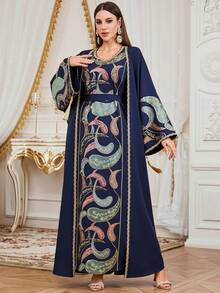 女士优雅斋月新款串珠刺绣圆领两件套连衣裙，适合开斋节、宰牲节聚会、长袍等时尚服饰 - 藏蓝色 - 查看 3