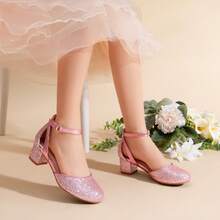 Little Girl's Wedding Party Pumps - Closed Toe High Heels With Ankle Strap For Toddler & Big Kid - Pink - View 2