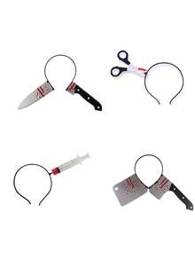 1/4件万圣节头箍见刺刀菜刀剪刀斧头锤仿真穿头吓人菜刀扣恐怖角色扮演道具头箍，万圣节恶作剧拍照道具