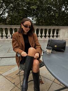 女式绒面革西装外套，带实用口袋 - 量身定制的专业夹克，抛光办公必备 - 棕色 - 查看 4