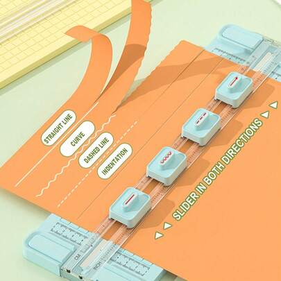 四合一多功能马卡龙色裁纸刀：直线/曲线/打孔/压痕精准裁切，双面滑动带刻度尺，适用于日记、手工、文件整理，是文具畅销产品。将便捷的专业剪纸与艺术气息融为一体，打造高效创意的工作空间。便携式马卡龙色设计，适合女性使用。