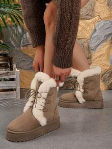 青少年平底厚款保暖雪地靴，交叉鞋带和人造毛皮饰边，冬季靴子 - 卡其色 - 查看 5