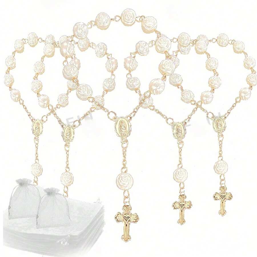 30pcs Rose Beaded Bracelet, Acrylic 3D Rose Bead Bracelet, Comes With Organza Bag, Suitable For Baptism Gifts, First Communion Gifts, Party Favors, Wedding Celebrations And More